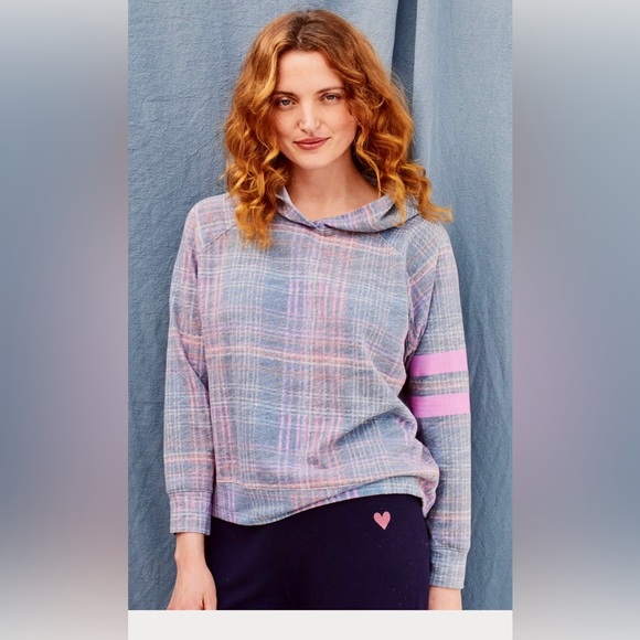 Sundry Plaid Hooded Top with Striped Sleeve Size XL - Picture 1 of 9